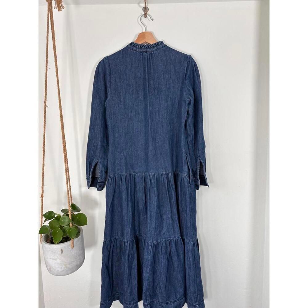 Boden Blue Denim Midi Dress US 6R Ruffle Collar Tiered Button Front - Picture 6 of 8
